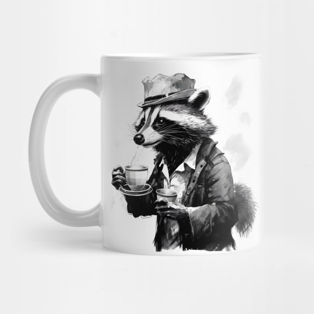 Raccoon in gentleman hat coffee lover by beangeerie